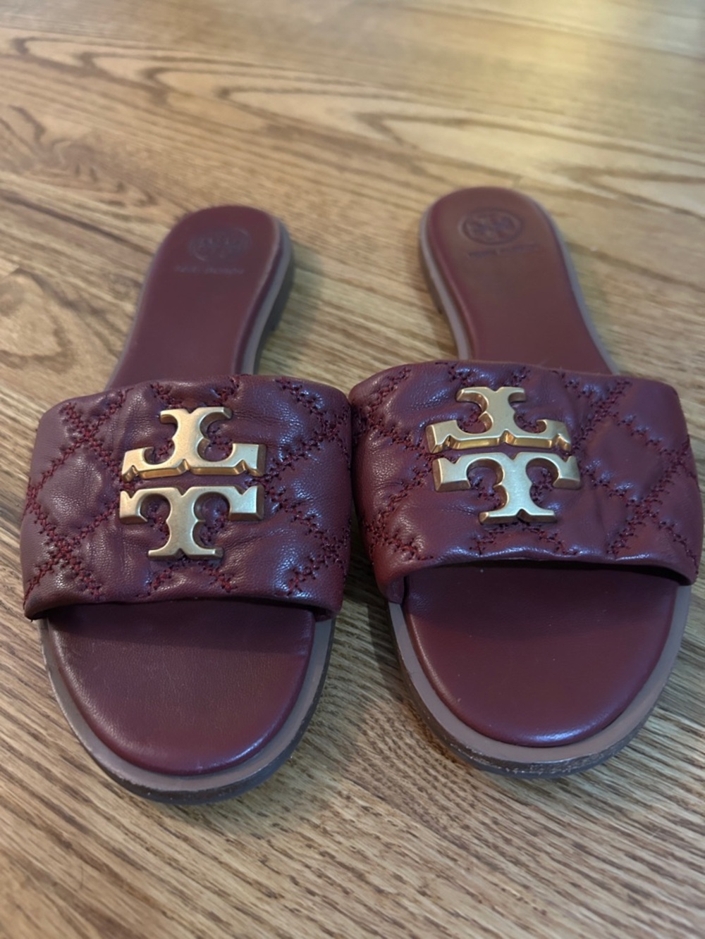 Tory Burch Burgundy Quilted Leather Slide Sandals with Gold Logo